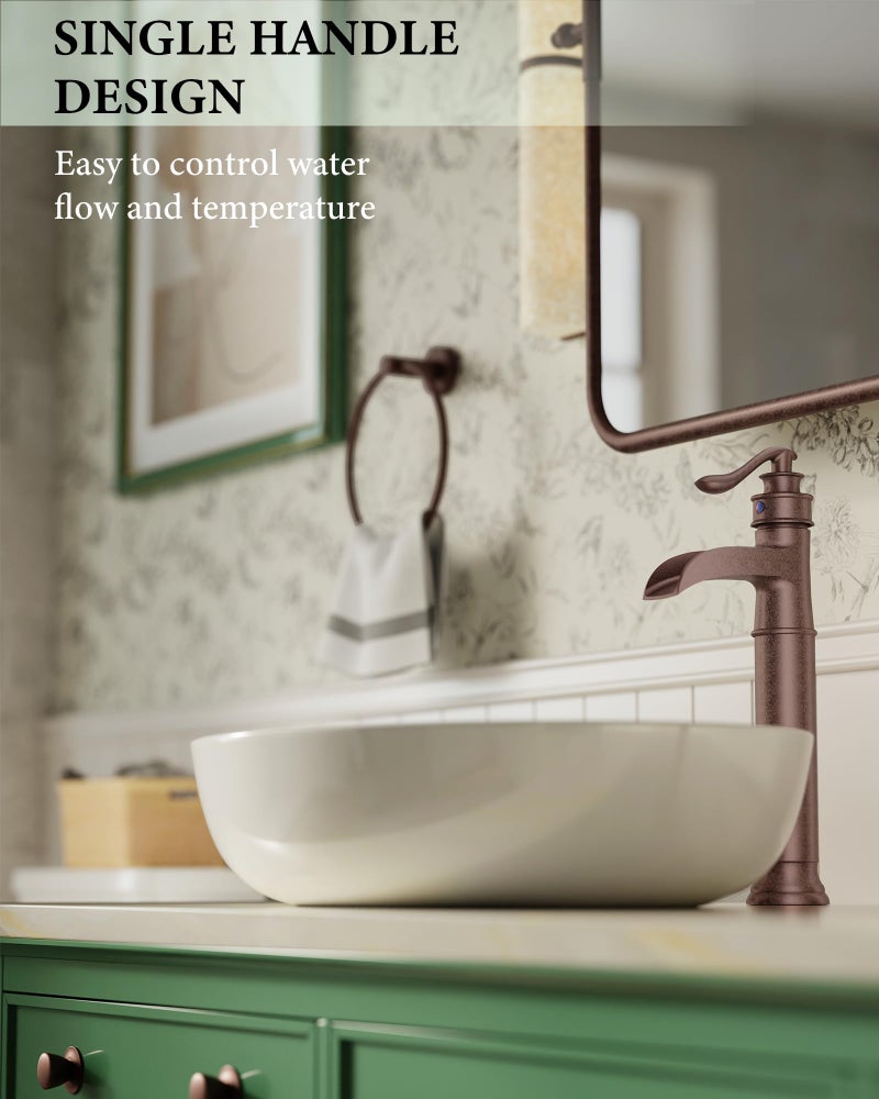 Homevacious Vessel Sink Faucet Copper Tall Bathroom Faucets Waterfall Single Handle 1 Hole Farmhouse Antique with Pop up Drain Assembly and Supply Lines Mixer Tap Without Overflow Counter Top - Image 3